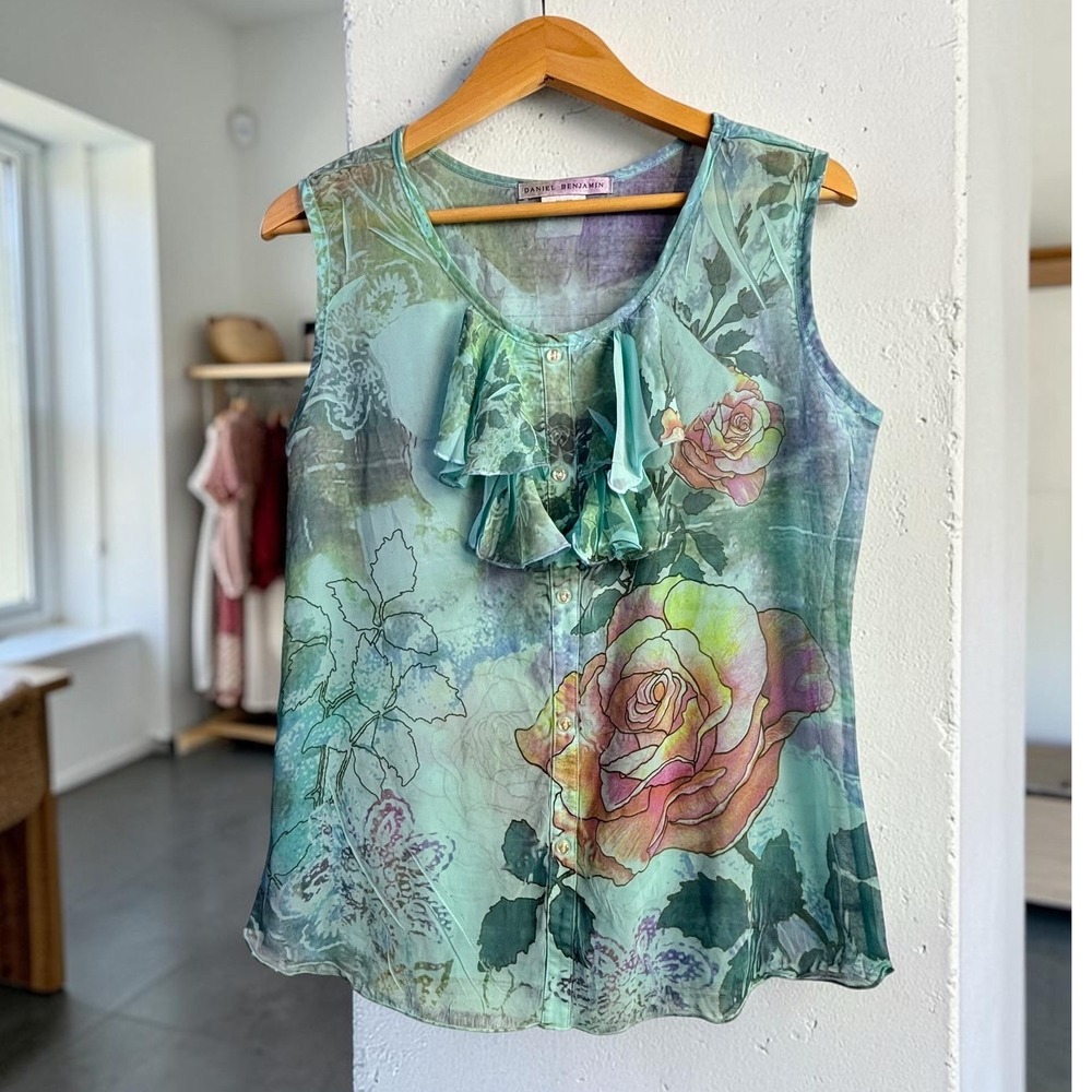 Fairycore Vintage Sleeveless Blouse Daniel Benjamin M Teal‎ Floral Ruffle Sheer